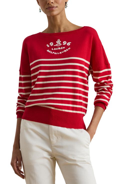 Striped Combed Cotton Boat Neck Sweater