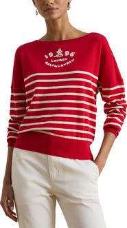 Lauren Ralph Lauren Striped Combed Cotton Boat Neck Sweater