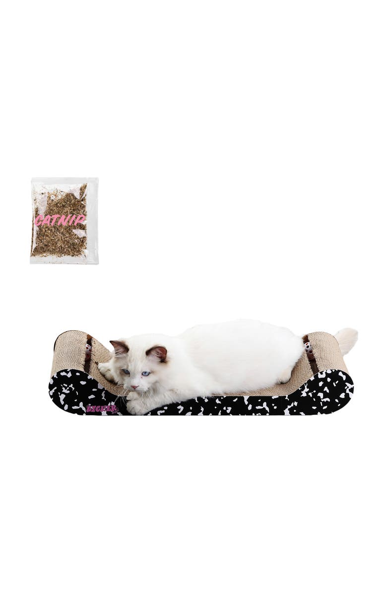 The Licker Store Rini 23.75" Modern Cardboard Lounge Bed Cat Scratcher with Built-In Bell Toys and Catnip, Alternate, color, Black/White