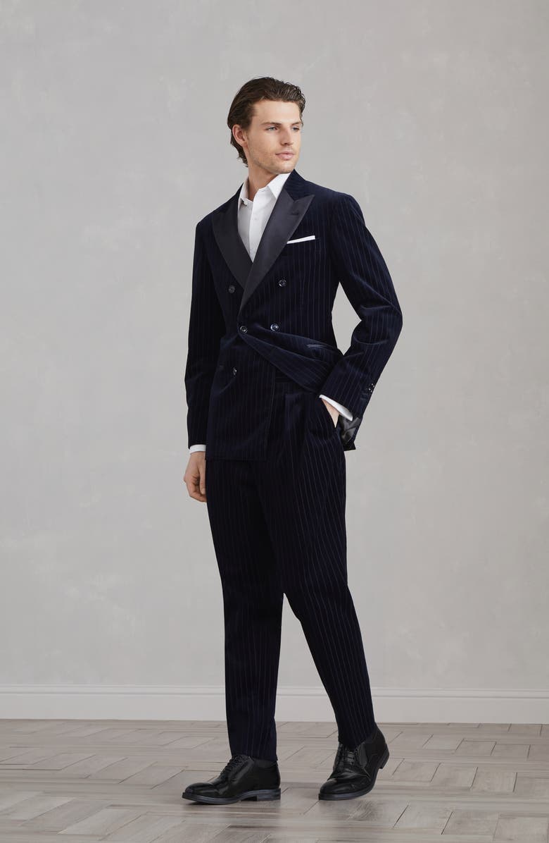 Brunello Cucinelli Comfort cotton pinstripe corduroy tuxedo with one-and-a-half breasted jacket and trousers with double pleats, Alternate, color, 