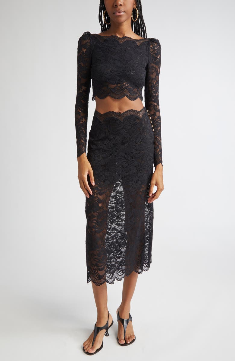 Rabanne Stretch Lace Midi Skirt, Alternate, color, Black