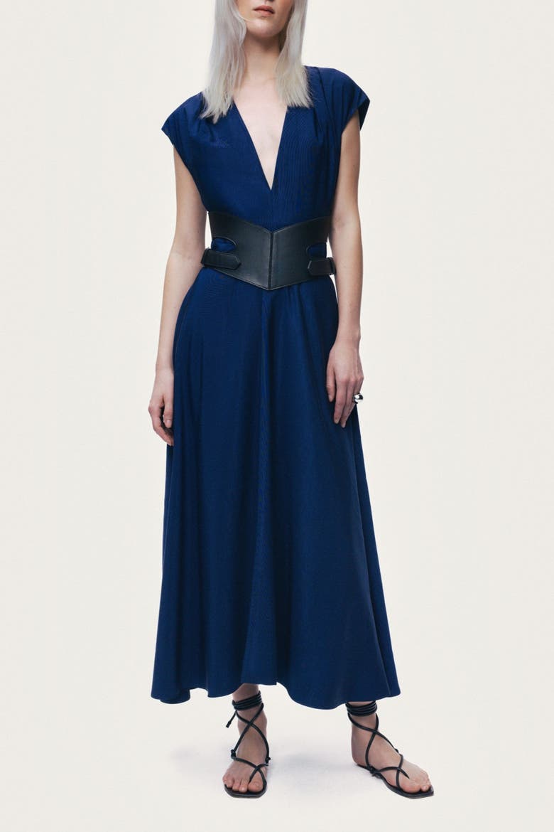 V-Neck Belted Midi Dress, Main, color, Navy
