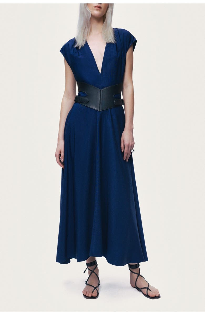 Nocturne V-Neck Belted Midi Dress, Main, color, Navy