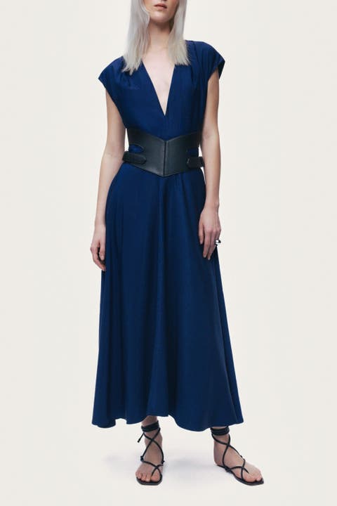 V-Neck Belted Midi Dress