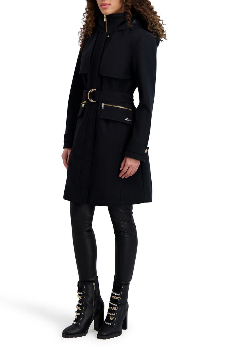 KARL LAGERFELD Water Resistant Soft Shell Coat with Removable Faux Fur Trim, Alternate, color, Black