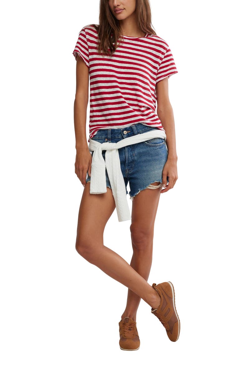 Free People Nora Stripe Linen & Cotton T-Shirt, Alternate, color, Red Combo