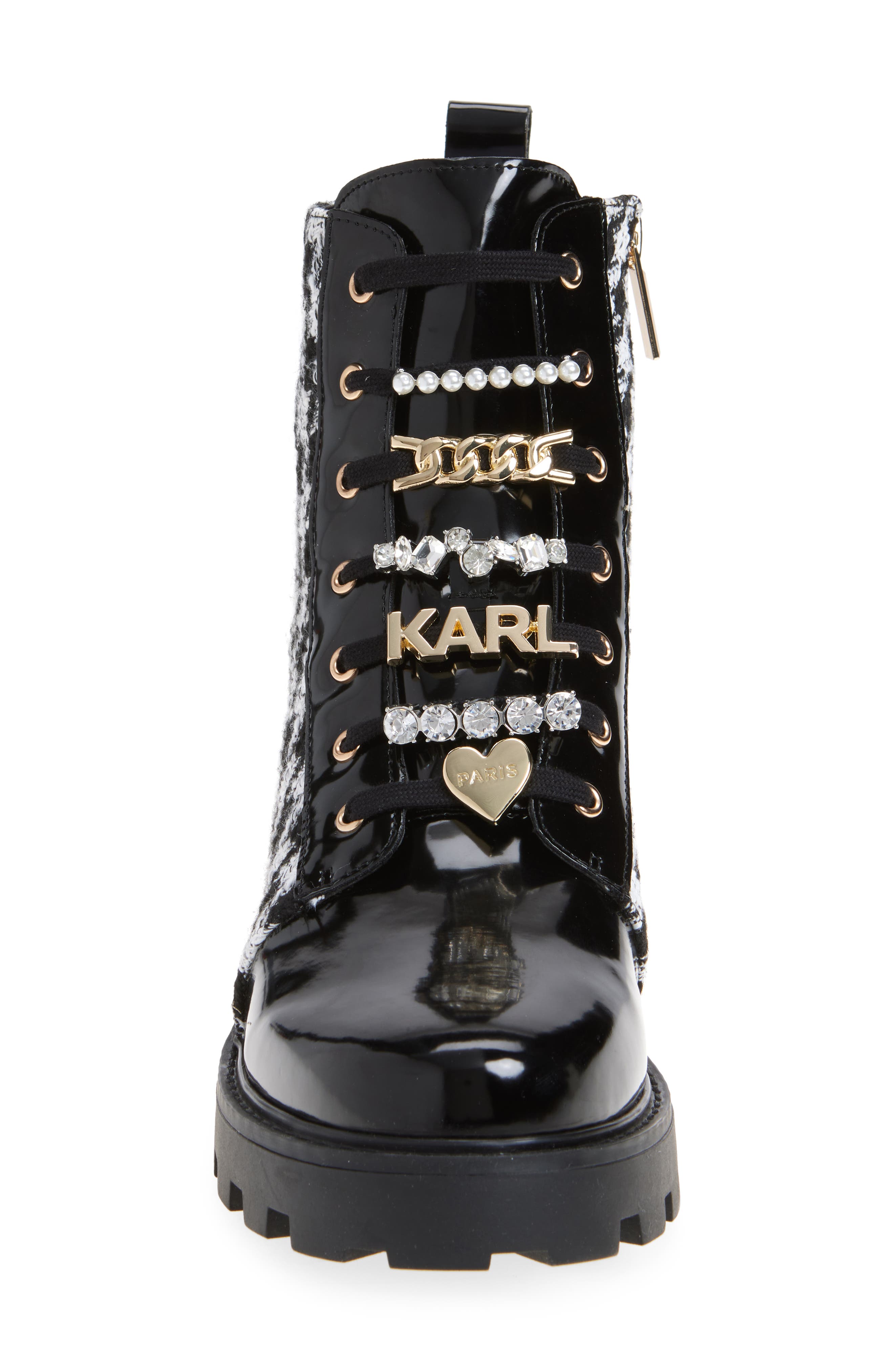 KARL LAGERFELD PARIS Maple Tweed Combat Boot, Alternate, color, Black/White