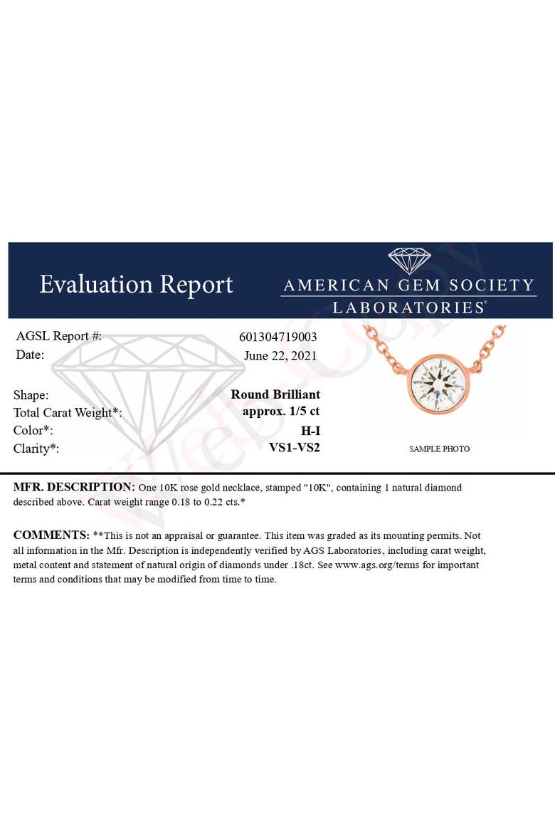 AGS Certified 10K Rose Gold 1/5 Ctw Bezel Set Diamond Solitaire Pendant Necklace, Alternate, color, Rose