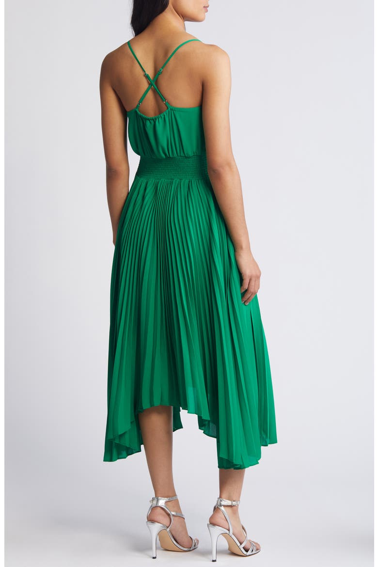 Pleated Sharkbite Hem Midi Dress, Alternate, color, JOLLY GREEN