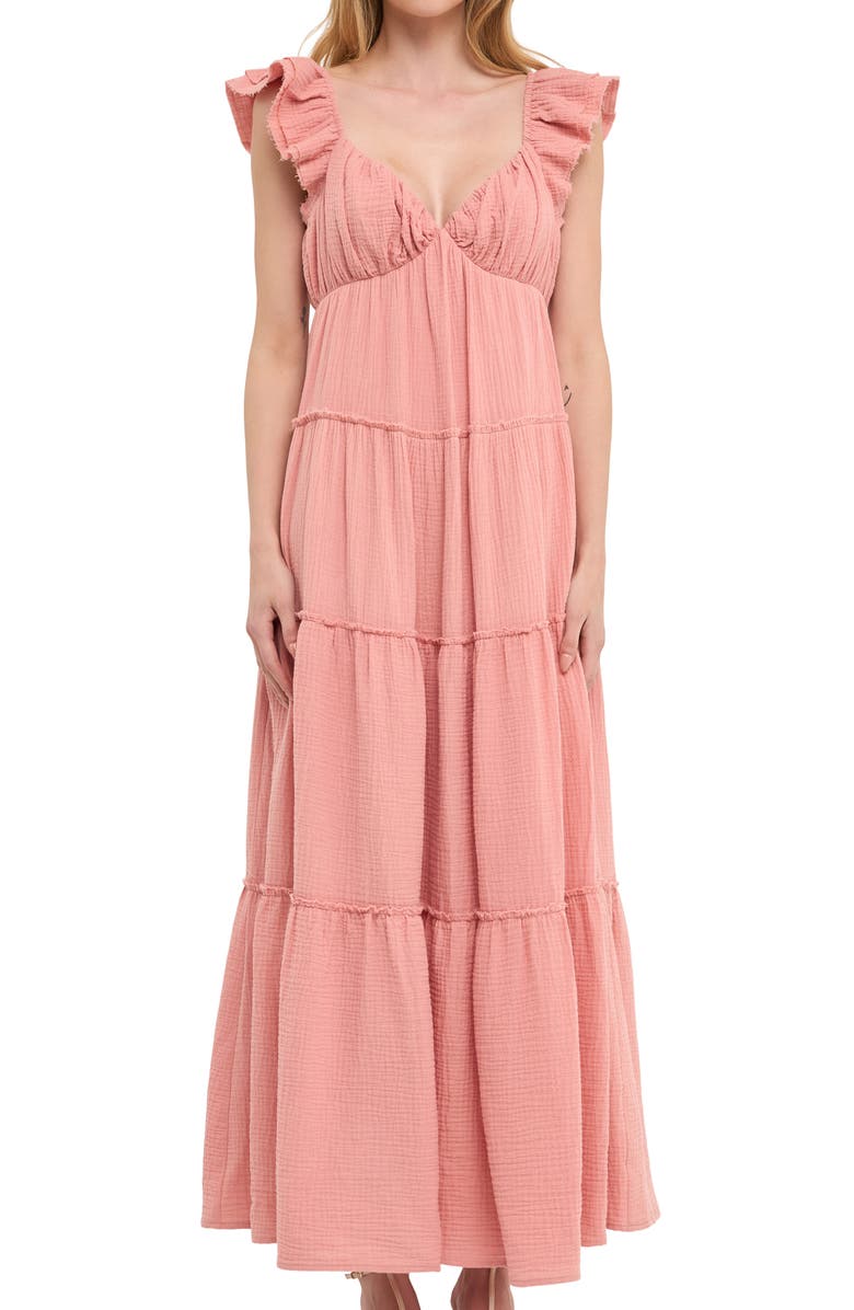 Free the Roses Sweetheart Neck Cotton Gauze Tiered Maxi Dress, Alternate, color, Salmon