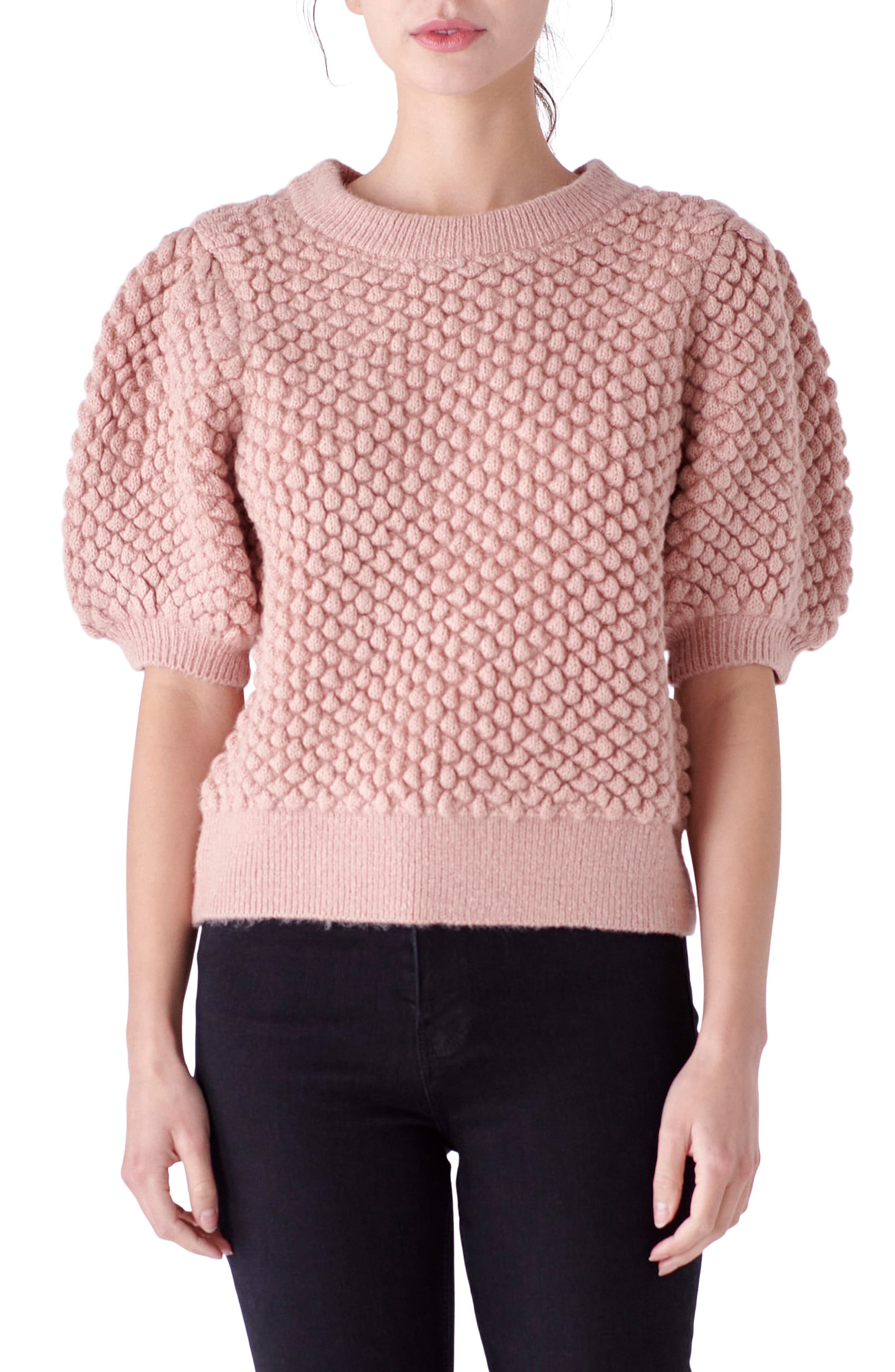 English Factory Popcorn Stitch Puff Sleeve Sweater