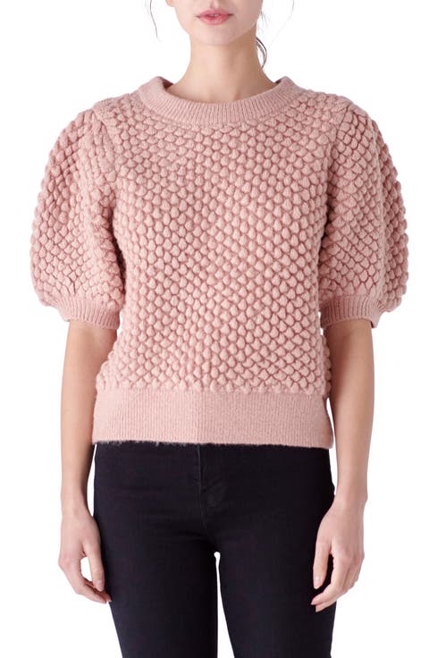 Popcorn Stitch Puff Sleeve Sweater