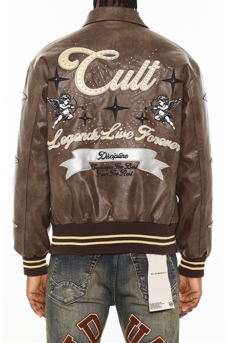 Legends Embroidered Faux Leather Varsity Jacket, Alternate, color, BROWN