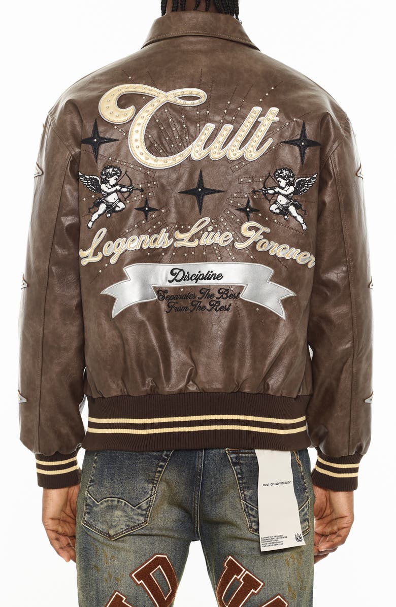 Cult of Individuality Legends Embroidered Faux Leather Varsity Jacket, Alternate, color, Brown