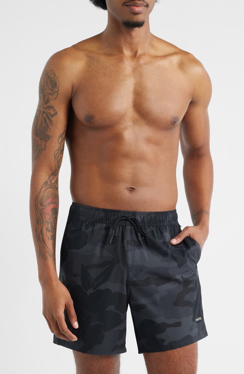 TENŌRE Printed Day Board Shorts, Main, color, Black Aloha Camo