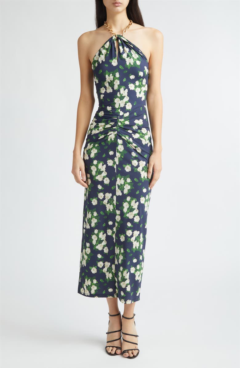 Carolina Herrera Floral Print Jersey Halter Dress, Main, color, Midnight Multi
