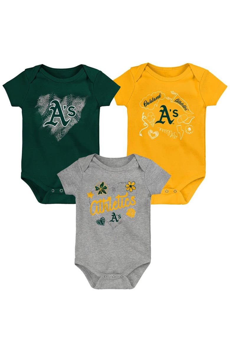 Outerstuff Infant Green/Gold/Gray Oakland Athletics Batter Up 3-Pack Bodysuit Set, Main, color, Green