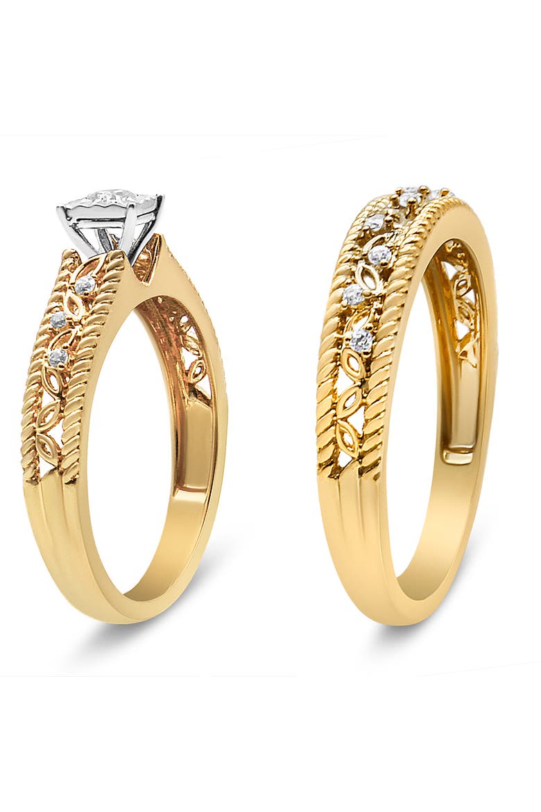 14K Yellow Gold Plated Silver 1/5 Cttw Diamond Art Deco Engagement Ring Bridal Set, Alternate, color, Yellow