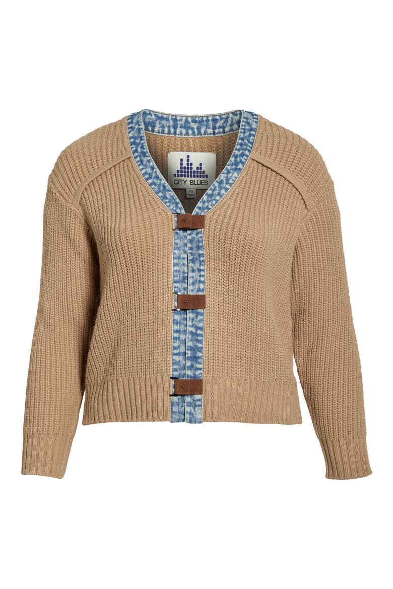 Denim Trim Cropped Cardigan, Alternate, color, TAN