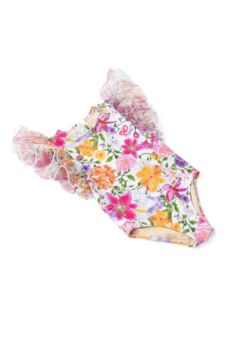 Kids' Summer Gardens Tulle Trim One-Piece Swimsuit, Alternate, color, PINK