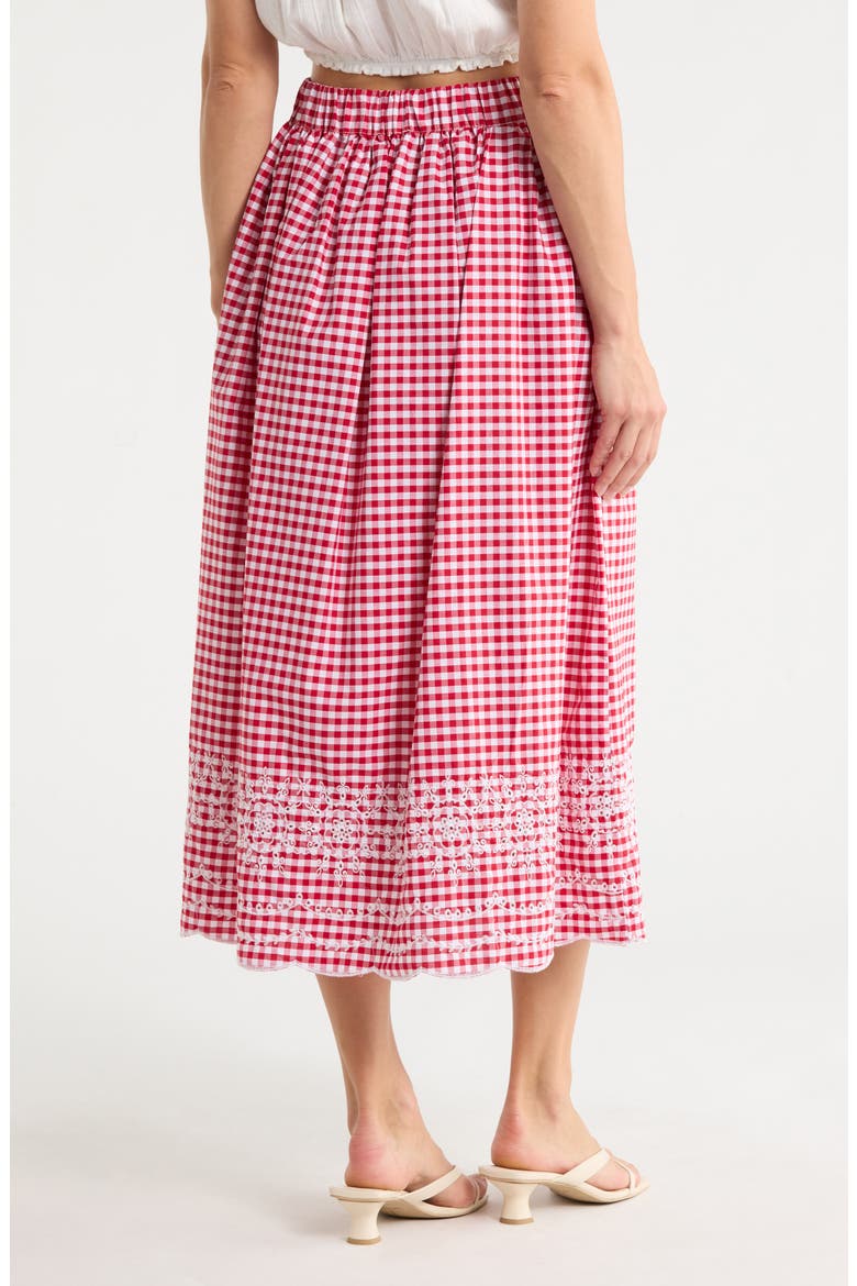 A-Line Embroidery Midi Skirt, Alternate, color, RED GINGHAM