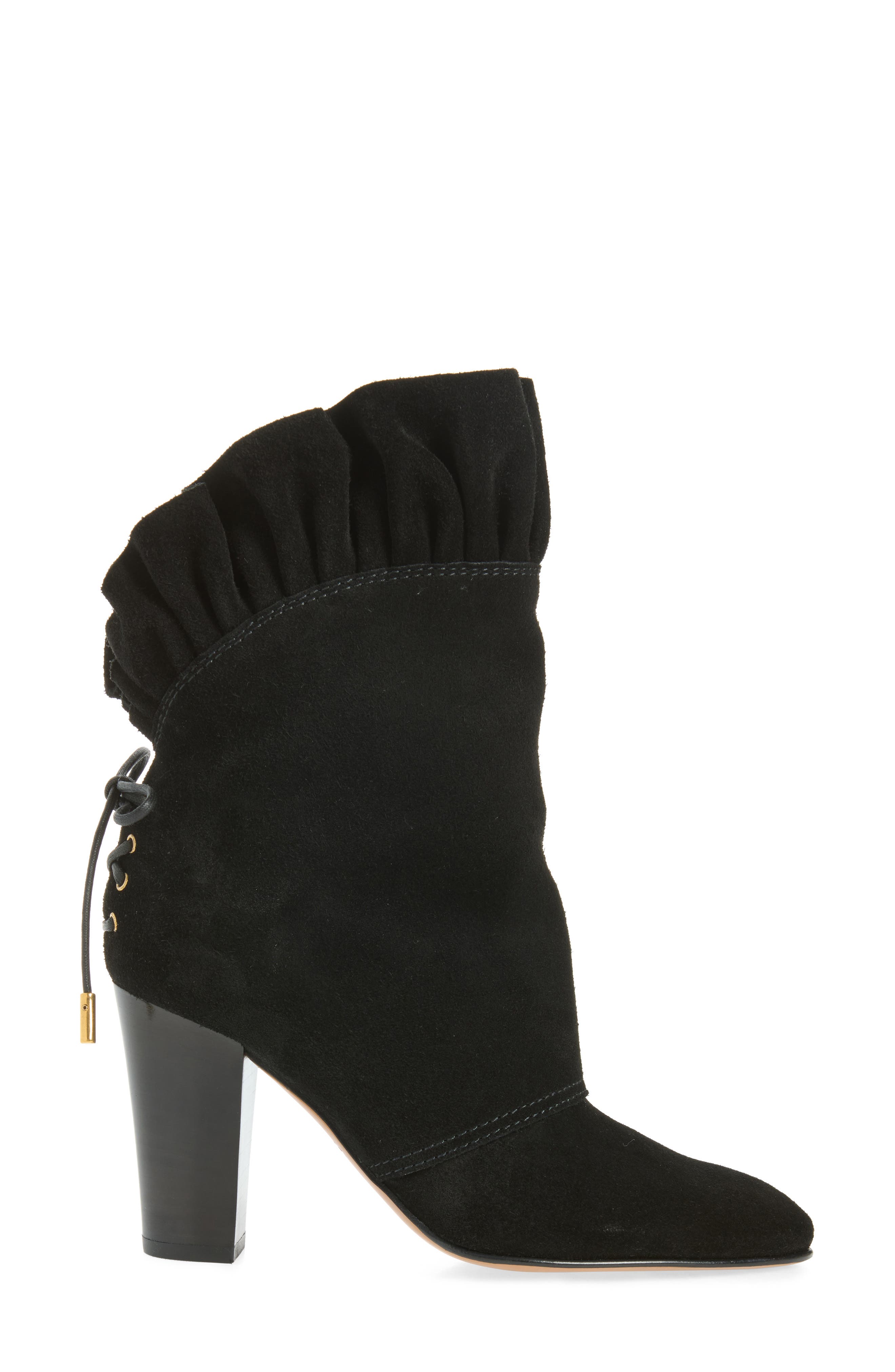 Anouk Ruffled Suede Ankle Boot, Alternate, color, BLACK