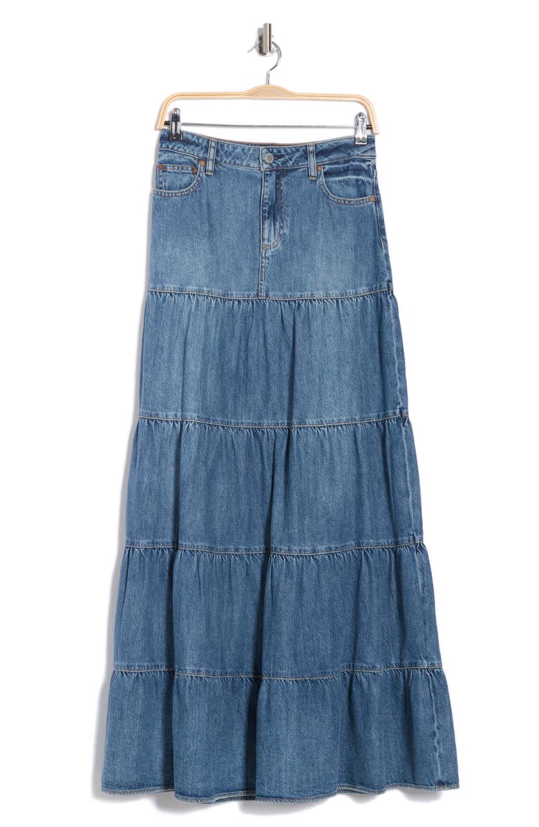 Alice + Olivia Mindy Tiered Denim Maxi Skirt, Alternate, color, Liana Vintage Blue