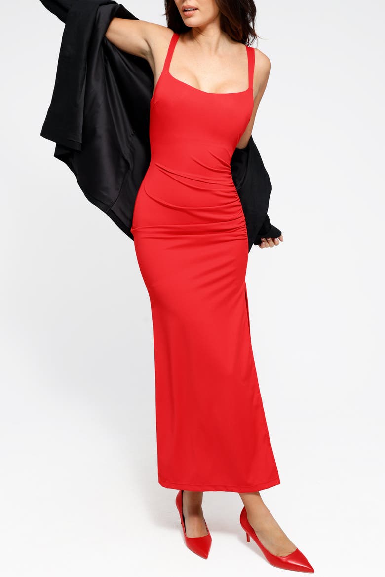 Snatched Ruched Side Slit Midi Shapewear Party Dress, Alternate, color, Classic Red