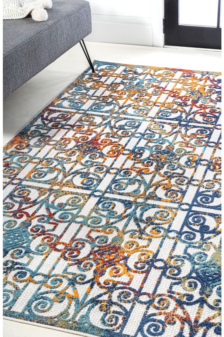 Cetara Ornate Trellis Indoor/Outdoor Area Rug, Alternate, color, Cream/Blue/Orange