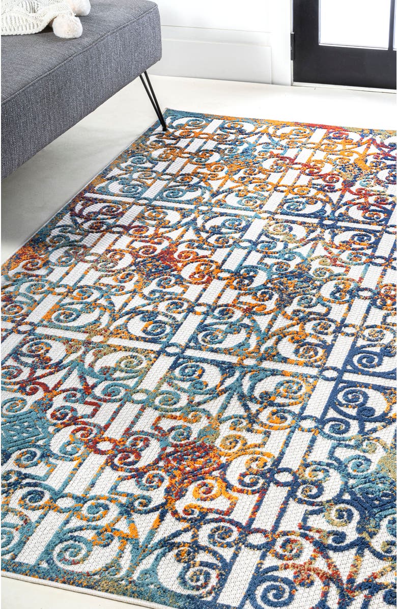 JONATHAN Y Cetara Ornate Trellis Indoor/Outdoor Area Rug, Alternate, color, Cream/Blue/Orange