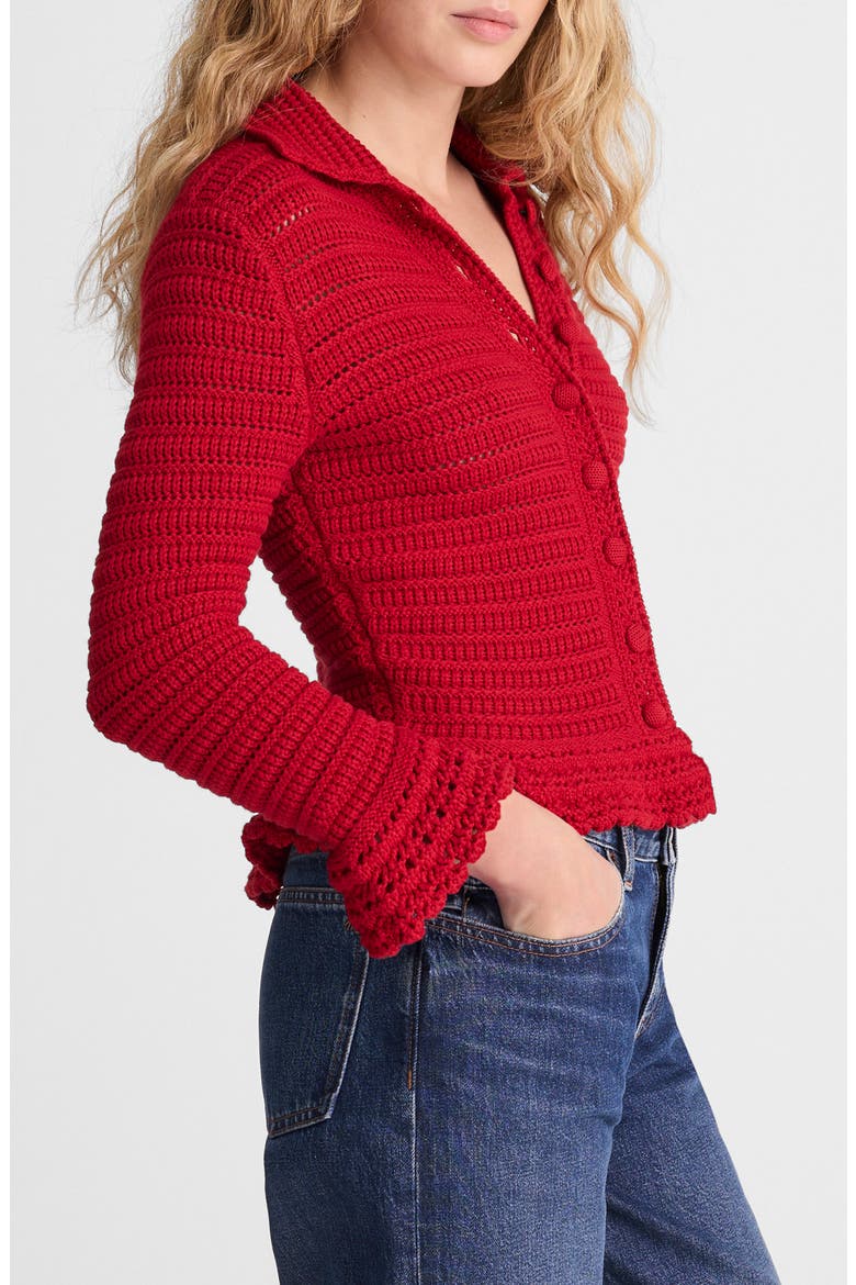 Pointelle Knit Peplum Cotton Cardigan, Alternate, color, CRIMSON