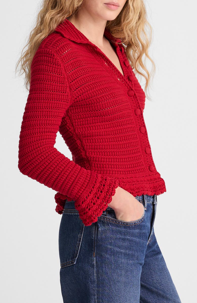 Madewell Pointelle Knit Peplum Cotton Cardigan, Alternate, color, Crimson
