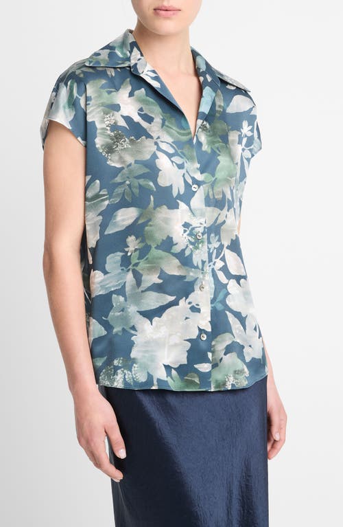 Vince Silk Shimmer Lake Ruched-back Cap-sleeve Blouse In Deep Sea