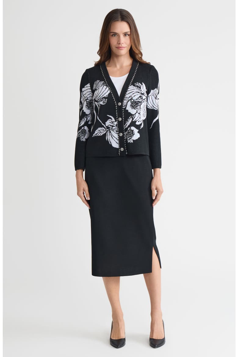 Heritage Chain Trim Floral Jacquard Knit Cardigan, Alternate, color, Black/White
