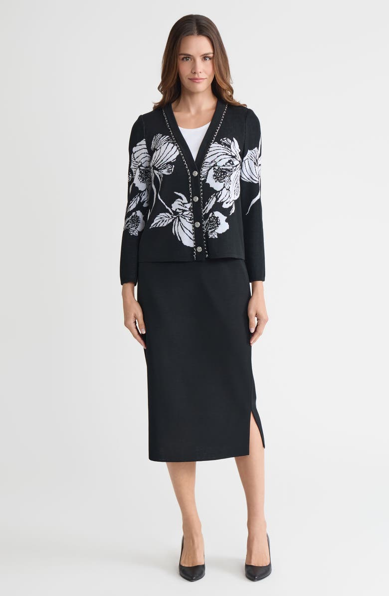 Ming Wang Heritage Chain Trim Floral Jacquard Knit Cardigan, Alternate, color, Black/White