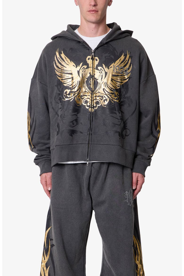 Oversize Gold Foil Cotton Zip Hoodie, Main, color, WASHED BLACK