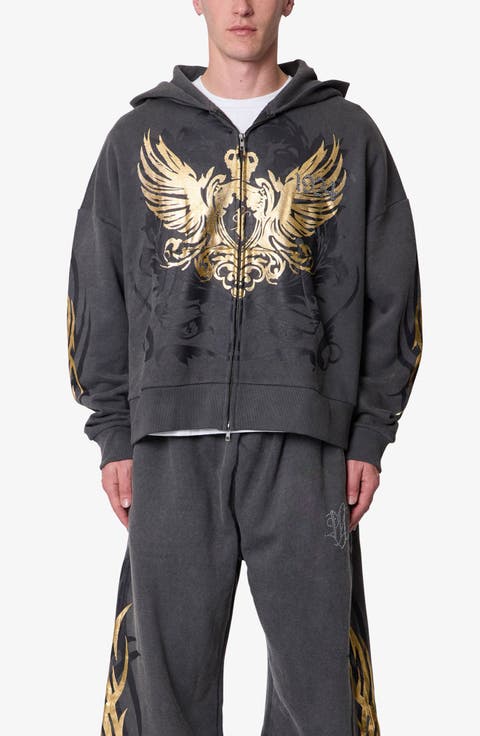Oversize Gold Foil Cotton Zip Hoodie