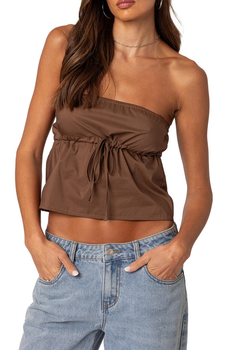 EDIKTED Reva Strapless Cotton Crop Top, Main, color, Brown