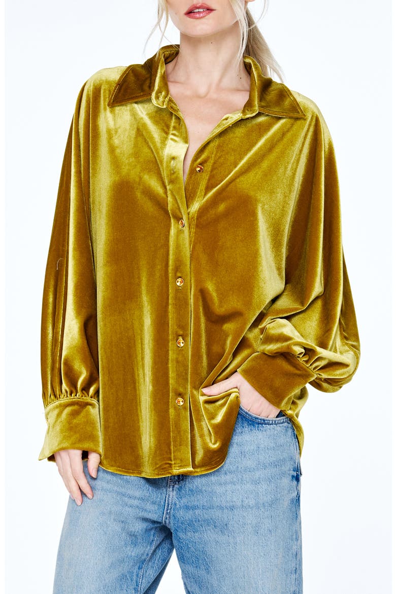 Amira Oversized Stretch Velvet Shirt, Main, color, CELERY