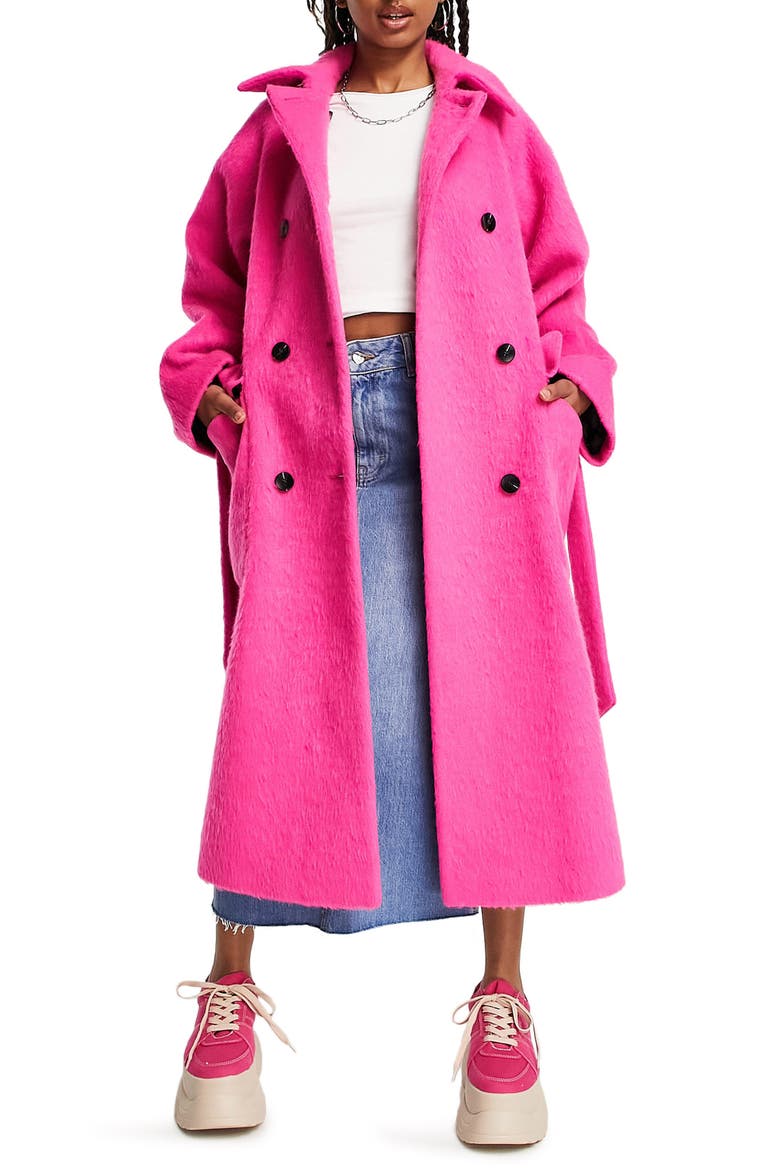 Double Breasted Tie Waist Trench Coat, Main, color, BRIGHT PINK
