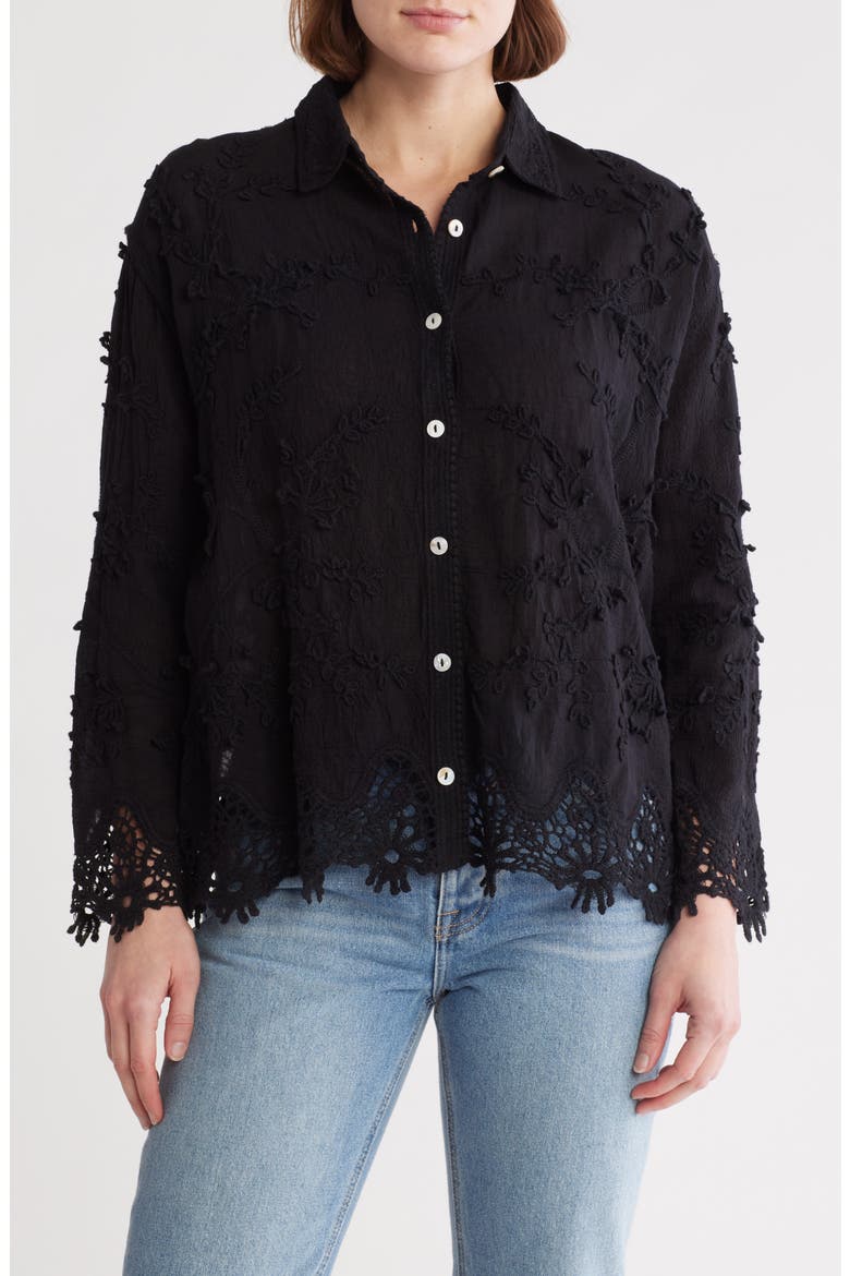 Floral Lace Button-Up Shirt, Main, color, BLACK