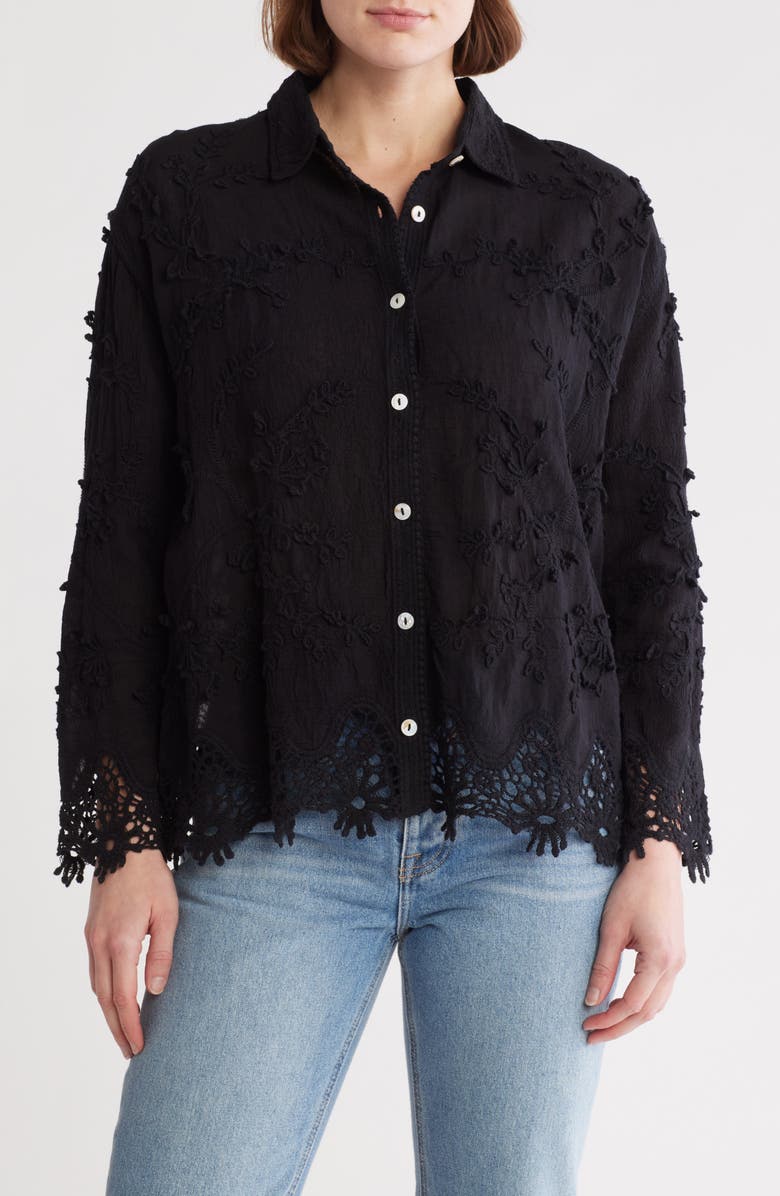 Forgotten Grace Floral Lace Button-Up Shirt, Main, color, Black