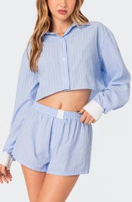 EDIKTED Lea Stripe Crop Button-Up Shirt