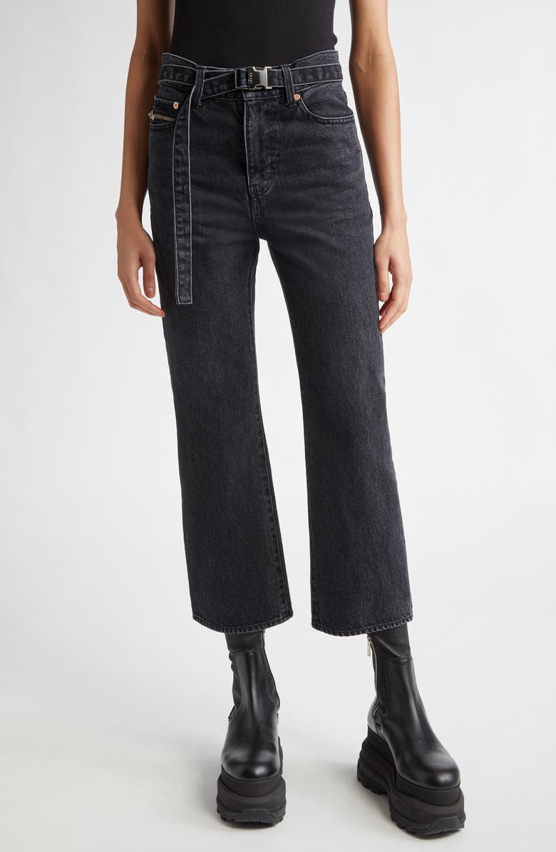Sacai Belted Crop Bootcut Jeans, Main, color, Black