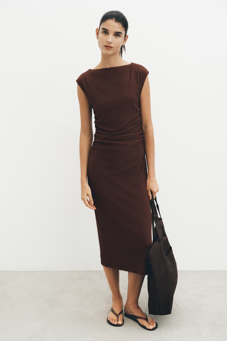Cap-sleeved Crinkled Dress, Alternate, color, Rust brown