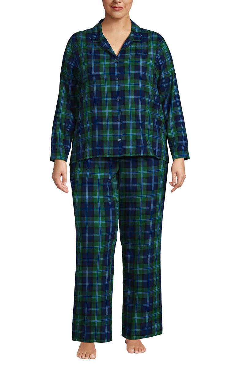 Lands' End Flannel 2 Piece Pajama Set - Long Sleeve Shirt and Pants, Main, color, Light Emerald Blackwatch