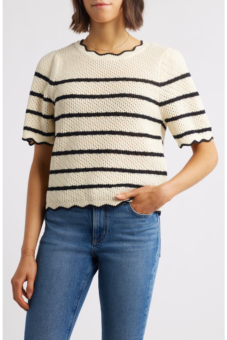 Stripe Scallop Edge Short Sleeve Sweater, Main, color, IVORY/ BLACK