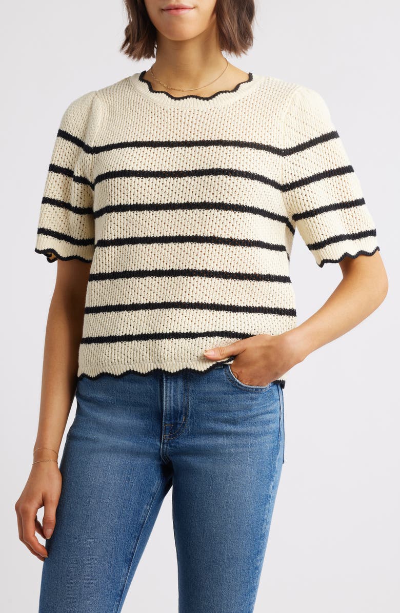 Wit & Wisdom Stripe Scallop Edge Short Sleeve Sweater, Main, color, 