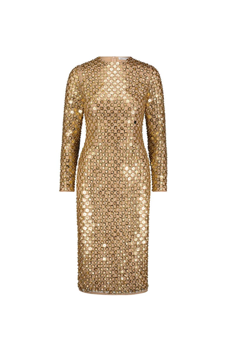 Mac Duggal Beaded Georgette Long Sleeve Fitted Midi Dress, Alternate, color, Antique Gold