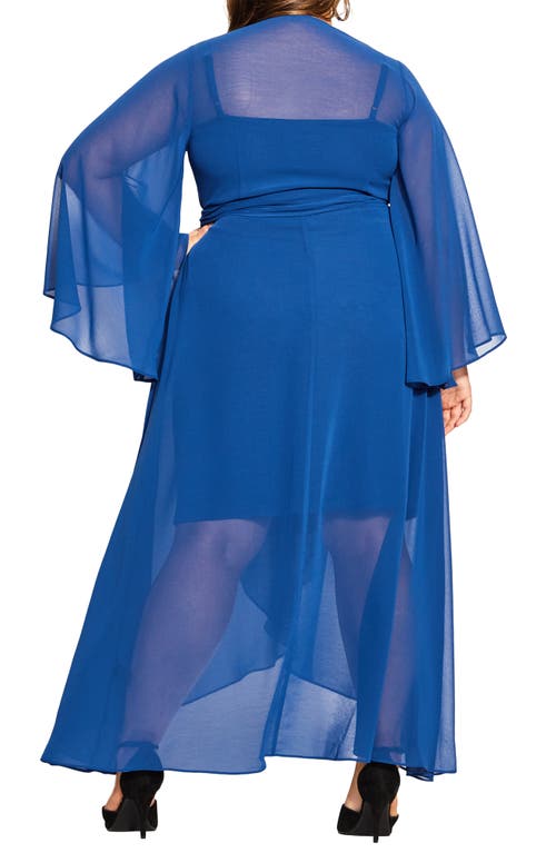 City Chic Long Sleeve Sheer Chiffon Maxi Wrap Dress In Blue